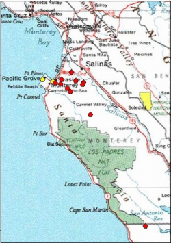 A red polygon indicates occurrence is extant; yellow indicates the occurrence	 has been extirpated 